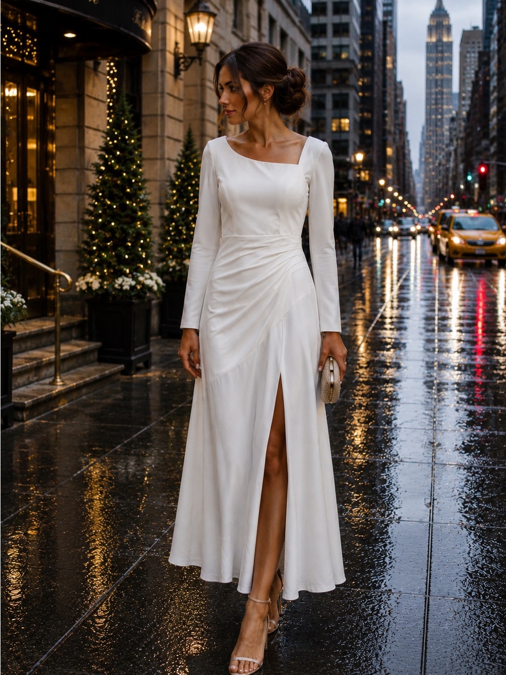 Lulu's Ivory Long Sleeve Square Neck Maxi Dress with Front Slit